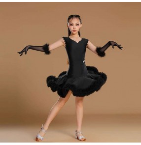 Girls black feather latin dance dresses for children salsa rumba chacha jive ballroom performance costumes